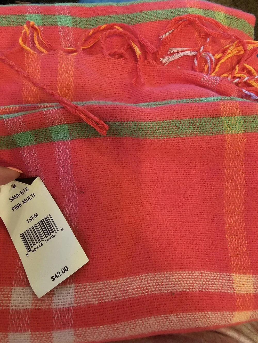 Steve Madden Womens Plaid Fringe Scarf - Coral Pink And Green NWT